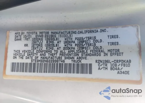 2002 Toyota Tacoma Prerunner z USA, uszkodzony, nr VIN 5TESM92N62Z898746